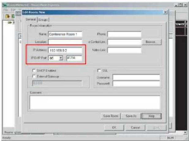 Send/Forward - Resume/Express Edit Rooms: New General Groups Focus Information Name: Conference Room 1 Location: IP Address: 192.169.0.2 IP/IP Port: 06 41794 Phone: e-Context Link: Browse... Video Link: DHCP Enabled External Gateway 0.50 SSL Username: Password: Comment: Save Room Save As Help OK Cancel Apply Ready RUN
