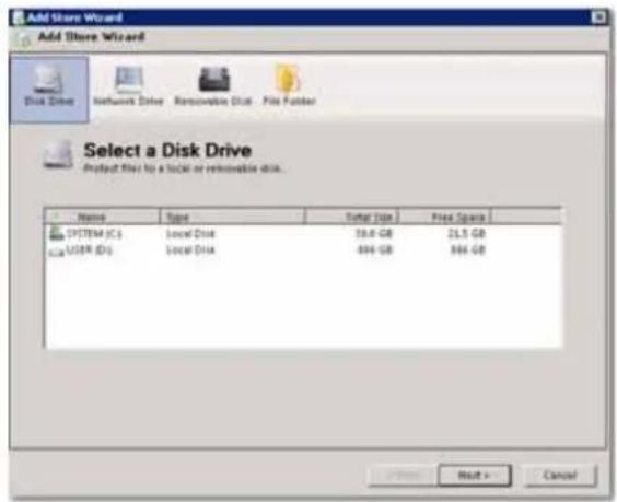 Add Store Wizard Add Store Wizard Disk Drive Influence Drive Removable Disk File Folder Select a Disk Drive Product file to a local or removable disk. Name Type Transfer Type Please Space SYSTEM (C:) Local Disk 38.0 GB 21.5 GB USER IDG Local Disk 494 GB 366 GB Next > Cancel