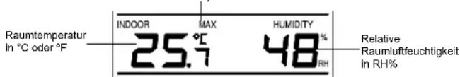 Raumtemperatur in °C oder °F INDOOR MAX HUMIDITY 25.7 48 RH Relative Raumluftfeuchtigkeit in RH%