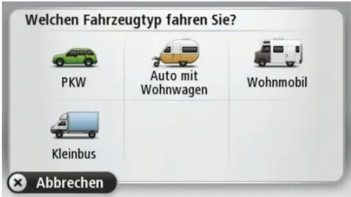 Welchen Fahrzeugtyp fahren Sie? PKW Auto mit Wohnwagen Wohnmobil Kleinbus × Abbrechen