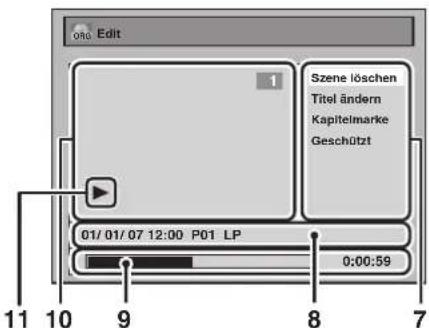Edit Szene löschen Titel ändern Kapitelmarke Geschützt 01/01/07 12:00 P01 LP 0:00:59