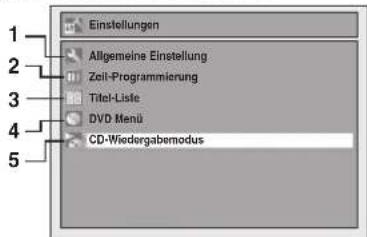 1 2 3 4 5 Einstellungen Allgemeine Einstellung Zeil-Programmierung Titel-Lisfe DVD Menu CD-Wiedergabemodus