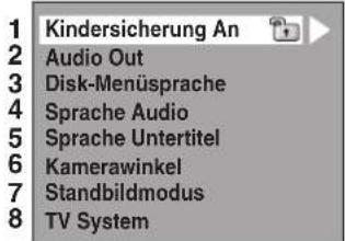 Kindersicherung An Audio Out Disk-Menüsprache Sprache Audio Sprache Untertitel Kamerawinkel Standbildmodus TV System