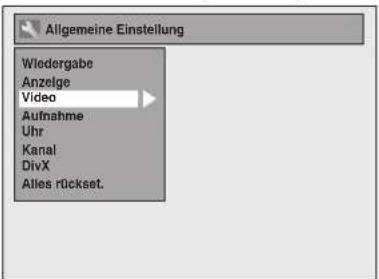 Allgemeine Einstellung Wiedergabe Anzelge Video Aufnahme Uhr Kanal DivX Alles rückset.