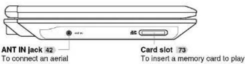 ANT IN jack 42 To connect an aerial Card slot 73 To insert a memory card to play