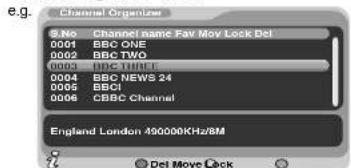 e.g. Channel Organizer $ No - Channel Name Fav May Lock Del 0001 BBC ONE 0002 BBC TWO 0003 BBC THREE 0004 BBC NEWS 24 0005 BBCI 0006 CBBC Channel England London 490000KHz/8M Del Move Back