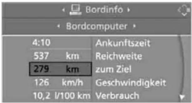 Bordinfo Bordcomputer 4:10 Ankunftszeit 537 km Reichweite 279 km zum Ziel 126 km/h Geschwindigkeit 10,2 l/100 km Verbrauch