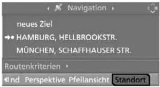 Navigation neues Ziel →• HAMBURG, HELLBROOKSTR. MÜNCHEN, SCHAFFHAUSER STR. Routenkriterien nd Perspektive Pfeilansicht Standort