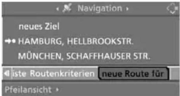 Navigation neues Ziel HAMBURG, HELLBROOKSTR. MÜNCHEN, SCHAFFHAUSER STR. iste Routenkriterien neue Route für Pfeilansicht