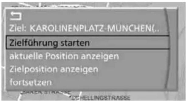 Ziel: KAROLINENPLATZ-MUNCHEN(.. Zielführung starten aktuelle Position anzeigen Zielposition anzeigen fortsetzen