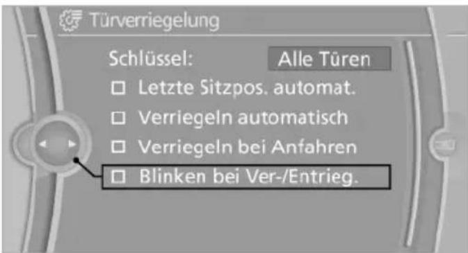 Türverriegelung Schlüssel: Alle Türen □ Letzte Sitzpos. automat. □ Verriegeln automatisch □ Verriegeln bei Anfahren □ Blinken bei Ver-/Entrieg.