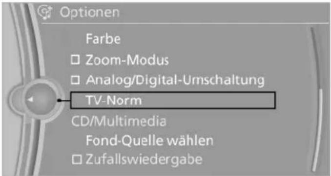 Optionen Farbe □ Zoom-Modus □ Analog/Digital-Umschaltung TV-Norm CD/Multimedia Fond-Quelle wählen □ Zufallswiedergabe