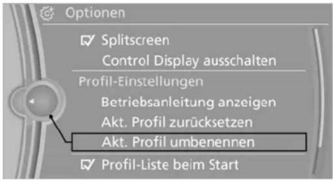 Optionen ✓ Splitscreen Control Display ausschalten Profil-Einstellungen Betriebsanleitung anzeigen Akt. Profil zurücksetzen Akt. Profil umbenennen ✓ Profil-Liste beim Start