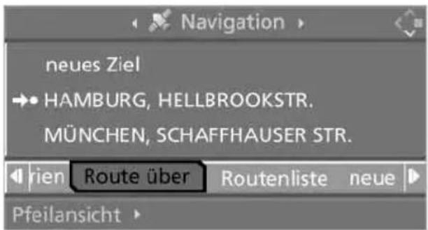 Navigation neues Ziel → HAMBURG, HELLBROOKSTR. MÜNCHEN, SCHAFFHAUSER STR. rien Route über Routenliste neue Pfeilansicht