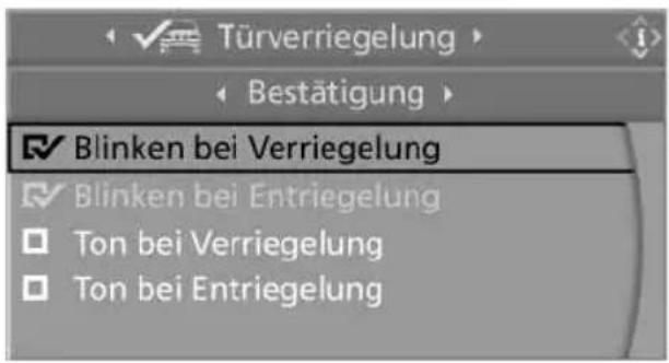 Türverriegelung Bestätigung ✓ Blinken bei Verriegelung ✓ Blinken bei Entriegelung □ Ton bei Verriegelung □ Ton bei Entriegelung