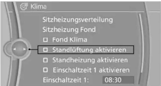 Klima Sitzheizungsverteilung Sitzheizung Fond Fond Klima Standlüftung aktivieren Standheizung aktivieren Einschaltzeit 1 aktivieren Einschaltzeit 1: 08:30