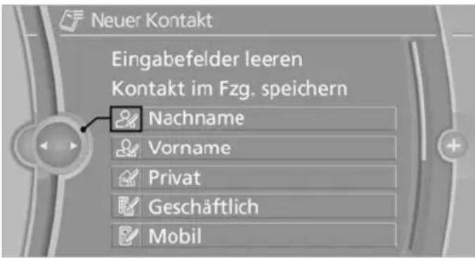 Neuer Kontakt Eingabefelder leeren Kontakt im Fzg. speichern Nachname Vorname Privat Geschäftlich Mobil