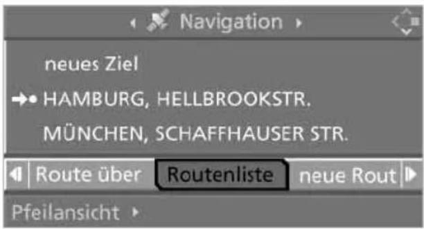 Navigation neues Ziel → HAMBURG, HELLBROOKSTR. MÜNCHEN, SCHAFFHAUSER STR. Route über Routenliste neue Rout Pfeilansicht