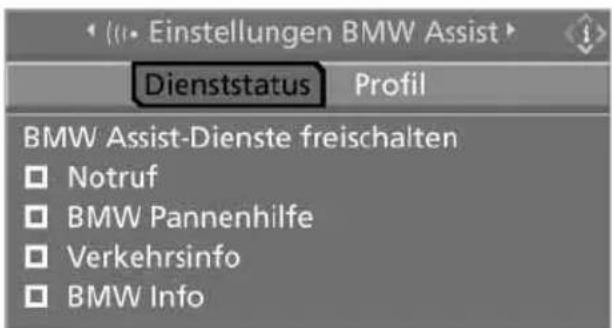 Einstellungen BMW Assist Dienststatus Profil BMW Assist-Dienste freischalten Notruf BMW Pannenhilfe Verkehrsinfo BMW Info