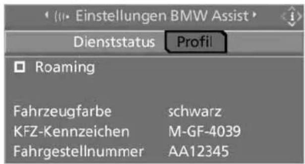 Einstellungen BMW Assist Dienststatus Profil Roaming Fahrzeugfarbe schwarz KFZ-Kennzeichen M-GF-4039 Fahrgestellnummer AA12345