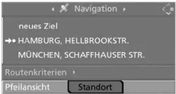 Navigation neues Ziel → HAMBURG, HELLBROOKSTR. MÜNCHEN, SCHAFFHAUSER STR. Routenkriterien Pfeilansicht Standort
