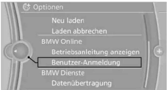 Optionen Neu laden Laden abbrechen BMW Online Betriebsanleitung anzeigen Benutzer-Anmeldung BMW Dienste Datenübertragung