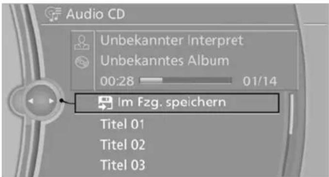 Audio CD Unbekannter Interpret Unbekanntes Album 00:28 01/14 Im Fzg. speichern Titel 01 Titel 02 Titel 03