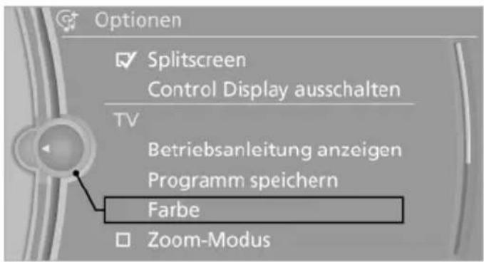 Optionen ✓ Splitscreen Control Display ausschalten TV Betriebsanleitung anzeigen Programm speichern Farbe □ Zoom-Modus
