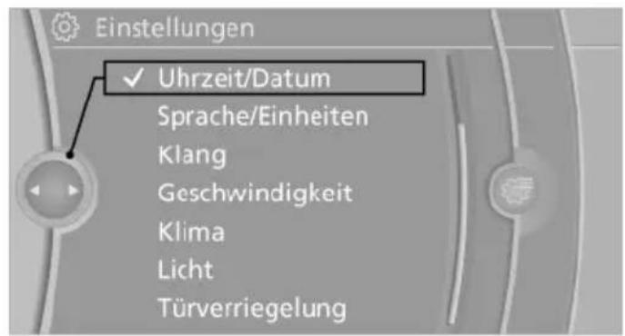 Einstellungen ✓ Uhrzeit/Datum Sprache/Einheiten Klang Geschwindigkeit Klima Licht Türverriegelung
