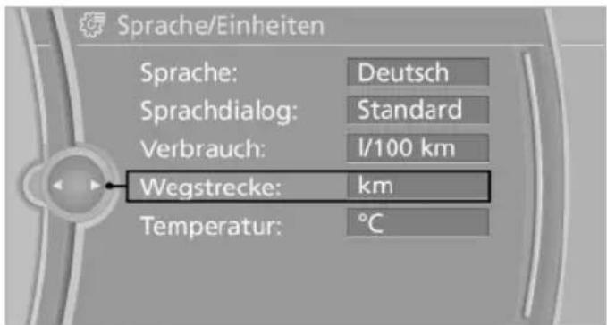 Sprache/Einheiten Sprache: Deutsch Sprachdialog: Standard Verbrauch: l/100 km Wegstrecke: km Temperatur: °C