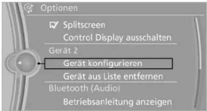 Optionen ✓ Splitscreen Control Display ausschalten Gerät 2 Gerät konfigurieren Gerät aus Liste entfernen Bluetooth (Audio) Betriebsanleitung anzeigen