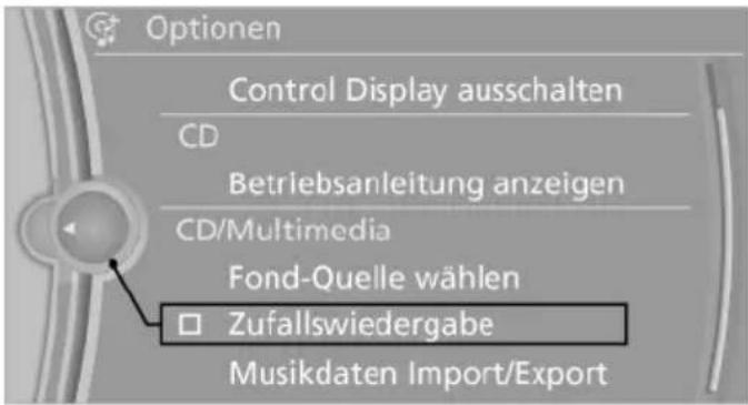 Optionen Control Display ausschalten CD Betriebsanleitung anzeigen CD/Multimedia Fond-Quelle wählen □ Zufallswiedergabe Musikdaten Import/Export