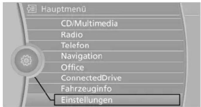 Hauptmenü CD/Multimedia Radio Telefon Navigation Office ConnectedDrive Fahrzeuginfo Einstellungen