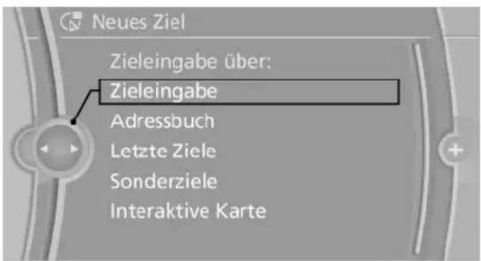Neues Ziel Zieleingabe über: Zieleingabe Adressbuch Letzte Ziele Sonderziele Interaktive Karte