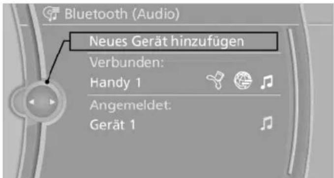 Bluetooth (Audio) Neues Gerät hinzufügen Verbunden: Handy 1 Angemeldet: Gerät 1
