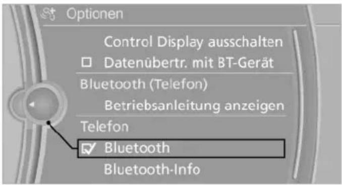 Optionen Control Display ausschalten □ Datenübertr. mit BT-Gerät Bluetooth (Telefon) Betriebsanleitung anzeigen Telefon ✓ Bluetooth Bluetooth-Info