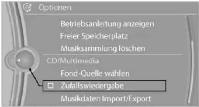 Optionen Betriebsanleitung anzeigen Freier Speicherplatz Musiksammlung löschen CD/Multimedia Fond-Quelle wählen □ Zufallswiedergabe Muskdaten Import/Export