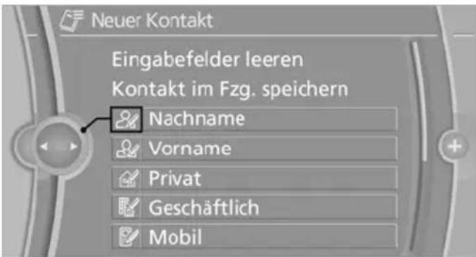 Neuer Kontakt Eingabefelder leeren Kontakt im Fzg. speichern Nachname Vorname Privat Geschäftlich Mobil