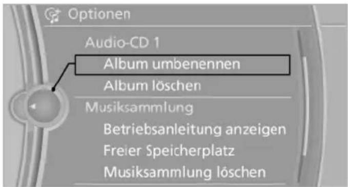 Optionen Audio-CD 1 Album umbenennen Album löschen Musiksammlung Betriebsanleitung anzeigen Freier Speicherplatz Musiksammlung löschen