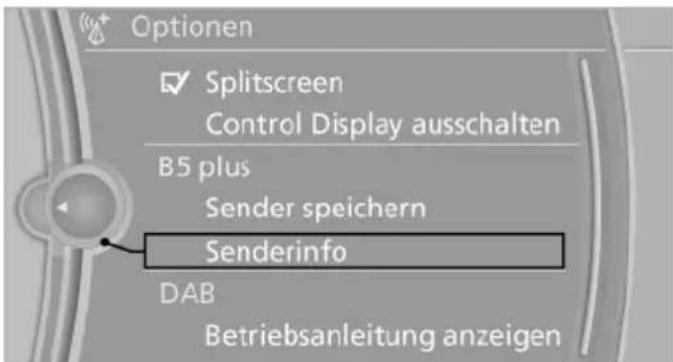 Optionen ✓ Splitscreen Control Display ausschalten B5 plus Sender speichern Senderinfo DAB Betriebsanleitung anzeigen