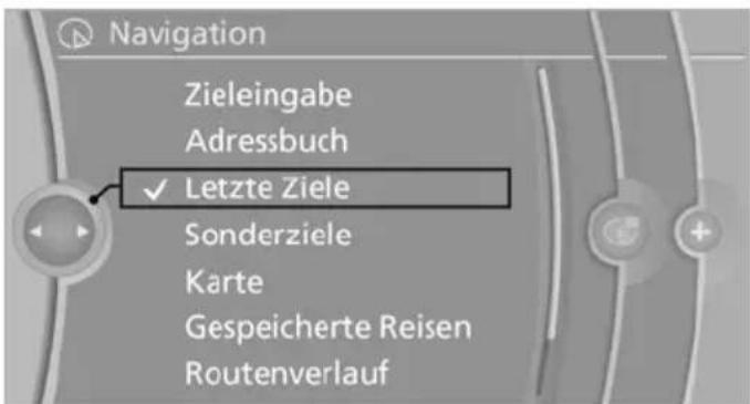 Navigation Zieleingabe Adressbuch ✓ Letzte Ziele Sonderziele Karte Gespeicherte Reisen Routenverlauf