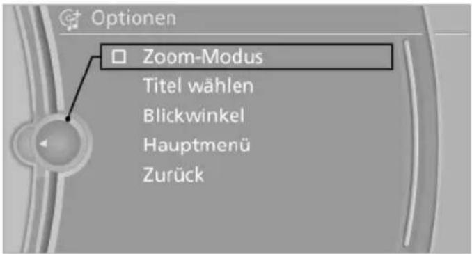 Optionen Zoom-Modus Titel wählen Blickwinkel Hauptmenü Zurück