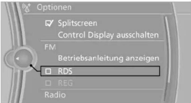 Optionen ✓ Splitscreen Control Display ausschalten FM Betriebsanleitung anzeigen ☐ RDS ☐ REG Radio