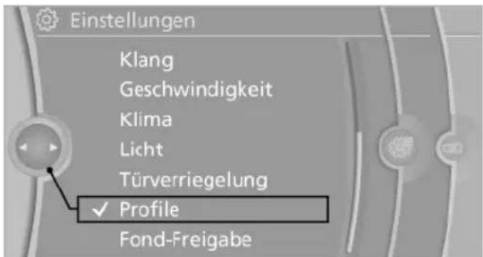 Einstellungen Klang Geschwindigkeit Klima Licht Türverriegelung ✓ Profile Fond-Freigabe