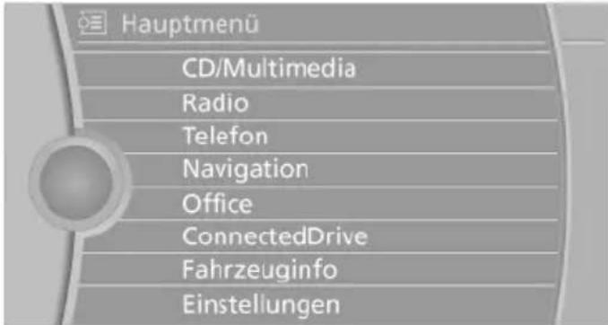 Hauptmenü CD/Multimedia Radio Telefon Navigation Office ConnectedDrive Fahrzeuginfo Einstellungen