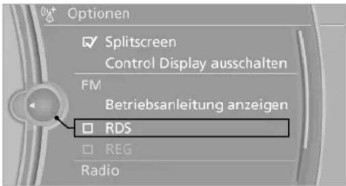 Optionen ✓ Splitscreen Control Display ausschalten FM Betriebsanleitung anzeigen ☐ RDS ☐ REG Radio