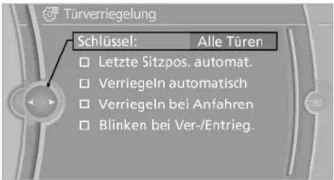 Türverriegelung Schlüssel: Alle Türen Letzte Sitzpos. automat. Verriegeln automatisch Verriegeln bei Anfahren Blinken bei Ver-/Entrieg.