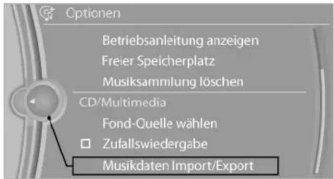 Optionen Betriebsanleitung anzeigen Freier Speicherplatz Musiksammlung löschen CD/Multimedia Fond-Quelle wählen Zufallswiedergabe Musikdaten Import/Export