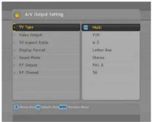 A/V Output Setting > TV Type Video Output TV Aspect Ratio Display Format Sound Mode RF Output RF Channel Multi YUV 4:3 Letter Box Stereo PAL G 36 Moves Item Selects Run MINI Previous Menu