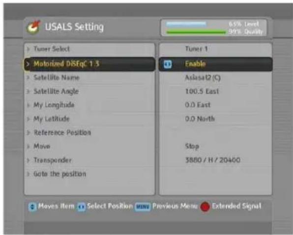 USALS Setting 6.5% Level 90% Quality Tuner Select Motorized DISEqC 1.5 Satellite Name Satellite Angle My Longitude My Latitude Reference Position Move Transponder Gote the position Tuner 1 Enable Aslasa42 (C) 100.5 East 0.0 East 0.0 North Stop 3880 / H / 20400 Moves Item Select Position MNT Preview Menu Extended Signal